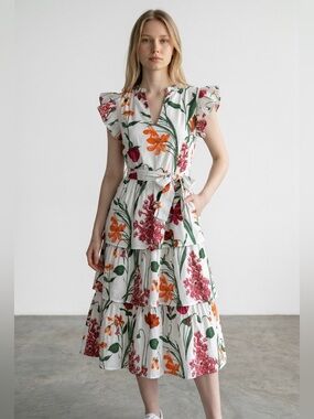 Sugarlips Feminine Spring Garden Tiered Dress with Belt & Lining